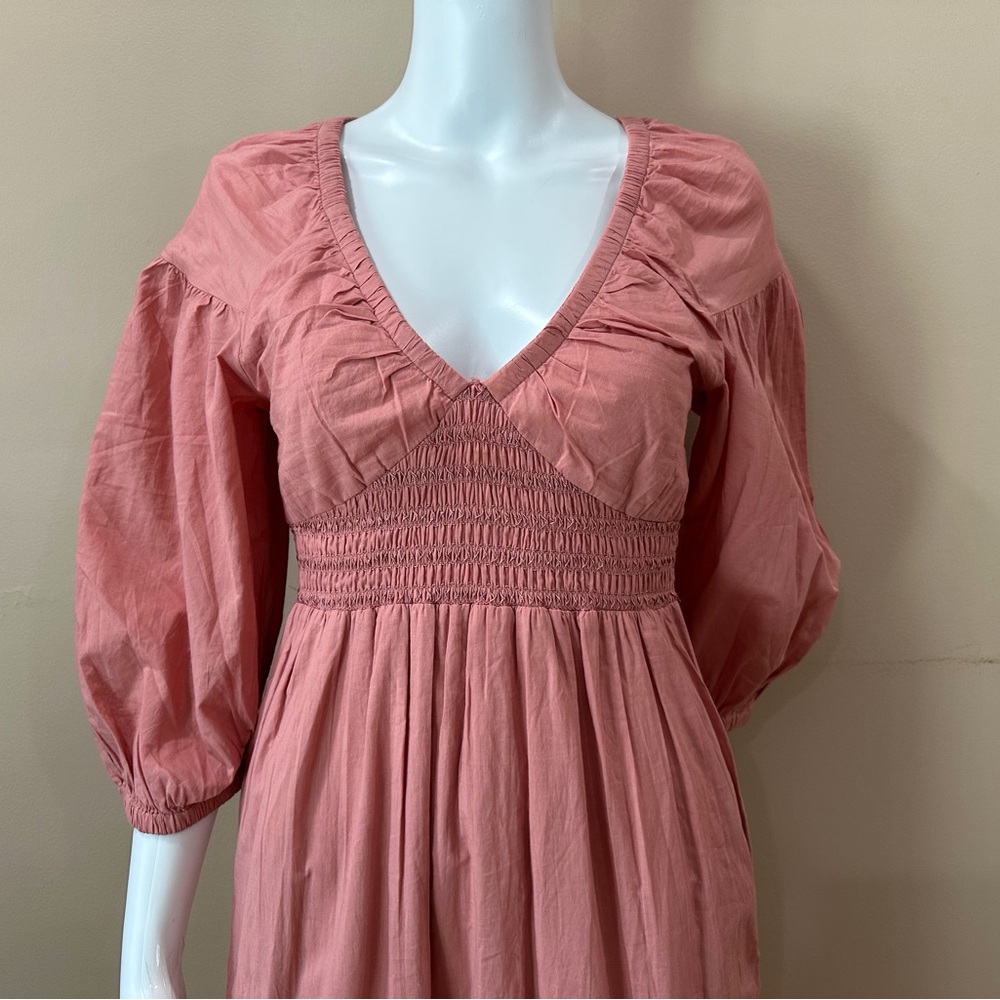 NWT Patrons of Peace Women's M Peach Smocked V-Neck Maxi Dress Puff Sleeve - Picture 5 of 6